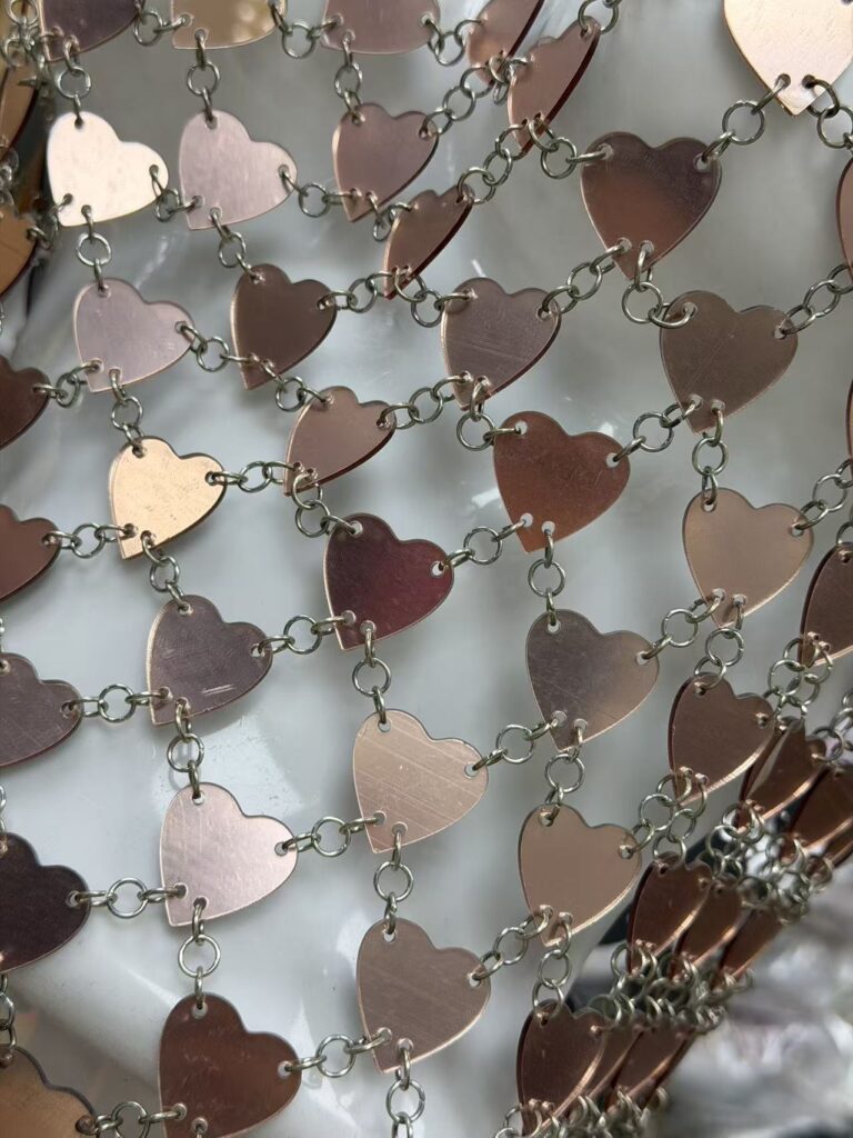 rose gold heart shaped mirror acrylic linked mesh – avant garde designer fabric