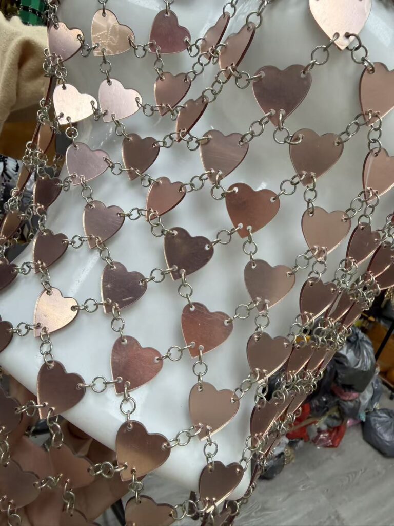 rose gold heart shaped mirror acrylic linked mesh – avant garde designer fabric