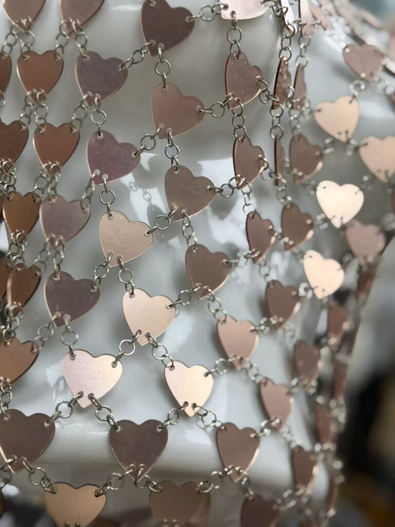 rose gold heart shaped mirror acrylic linked mesh – avant garde designer fabric