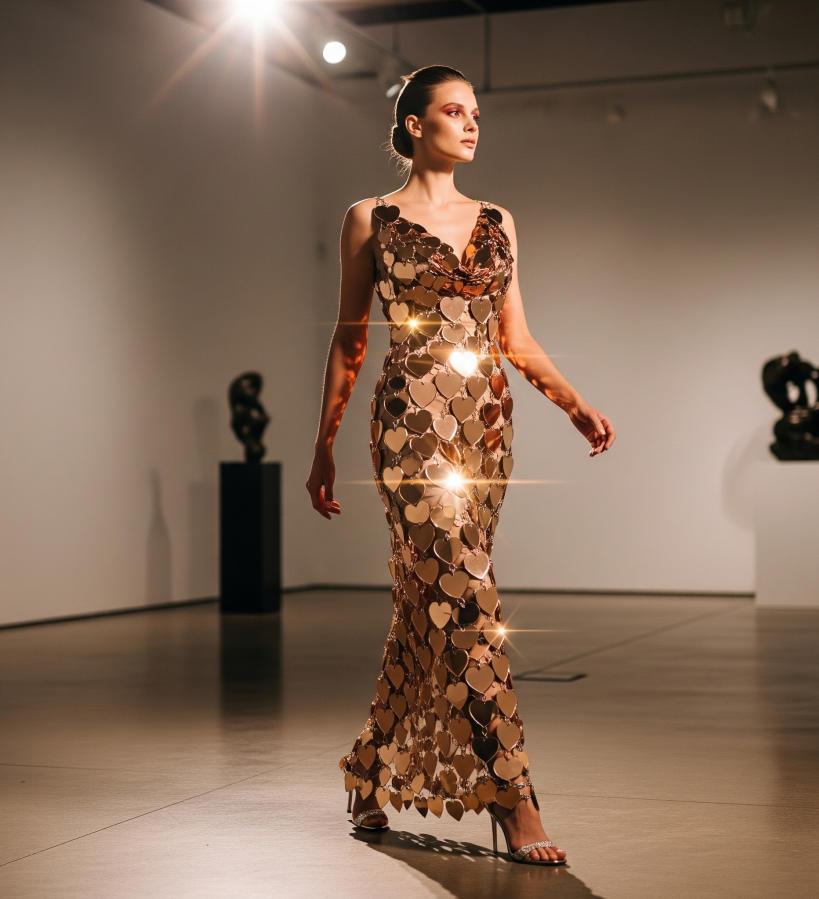 rose gold heart shaped mirror acrylic linked mesh – avant garde designer fabric