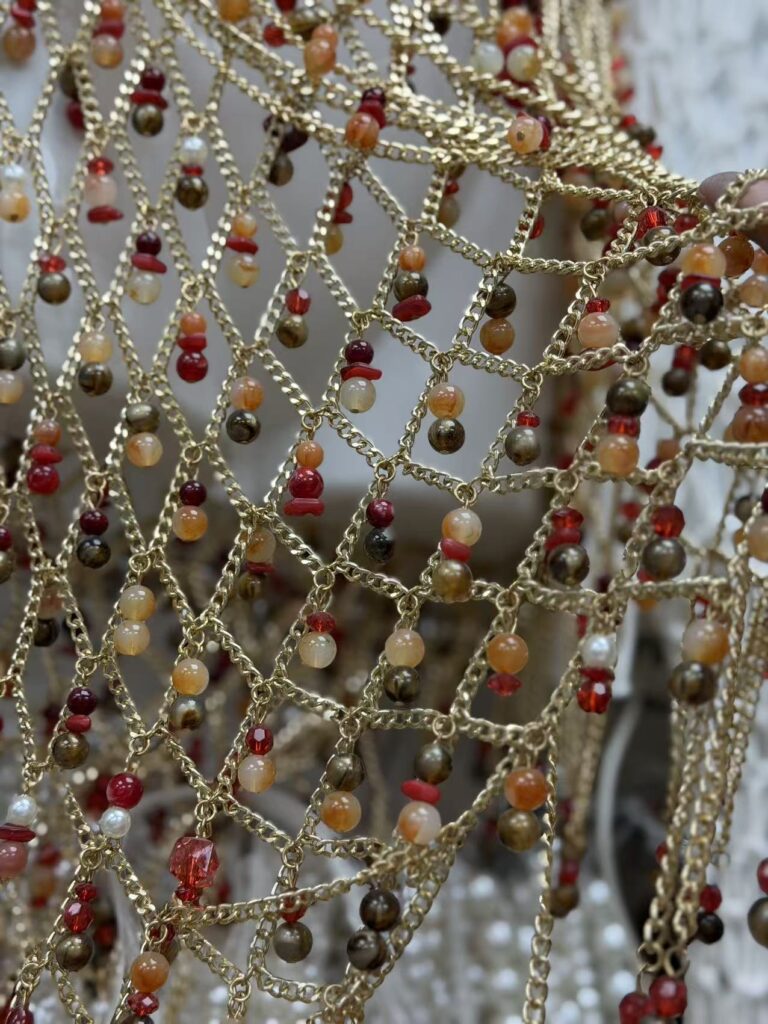 gold chain & stone beaded mesh fabric bohemian couture material