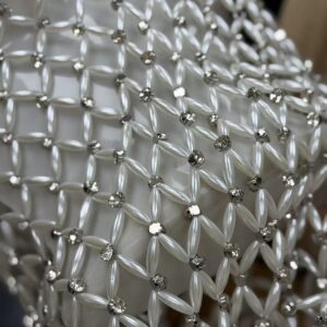 Luxury Geometric Pearl and Crystal Embellished Lattice Fabric