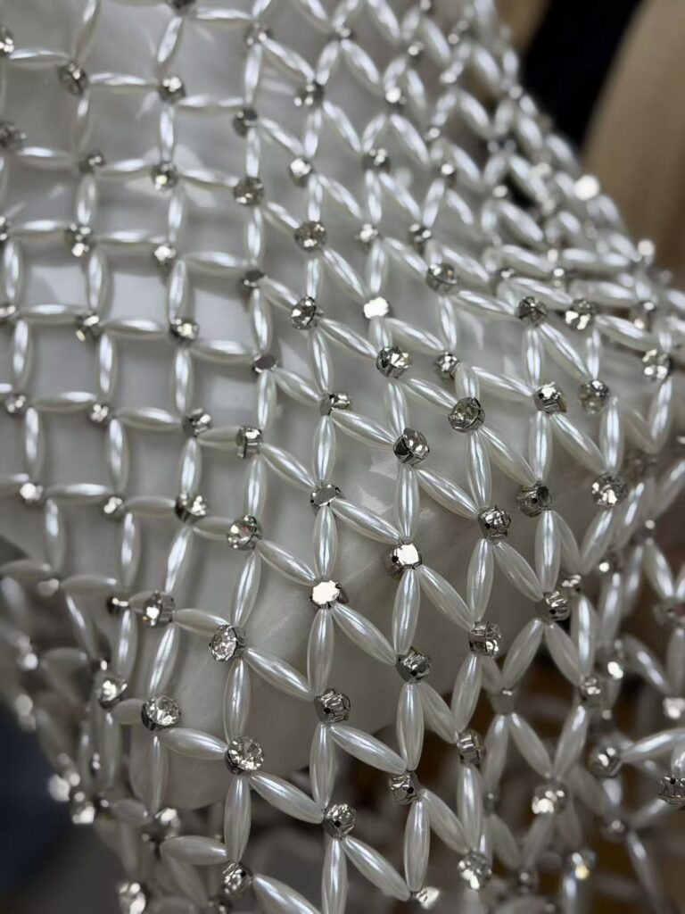 Luxury Geometric Pearl and Crystal Embellished Lattice Fabric