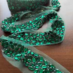 emerald green acrylic beaded trim for bridal gowns, evening wear & couture fashion