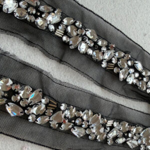 dark romance heavy silver crystal rhinestone trim on black tulle mesh