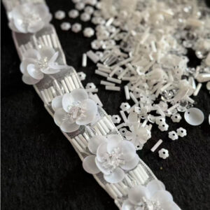 modernist elegance linear bugle bead & 3d double layer floral bridal trim
