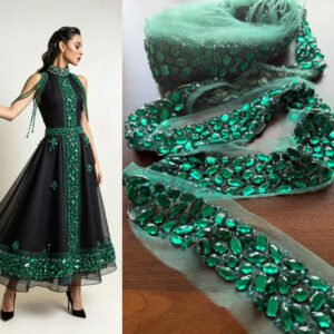 emerald green acrylic beaded trim for bridal gowns, evening wear & couture fashion