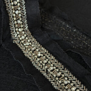 gunmetal armor heavy metallic bugle bead & rhinestone trim on black tulle