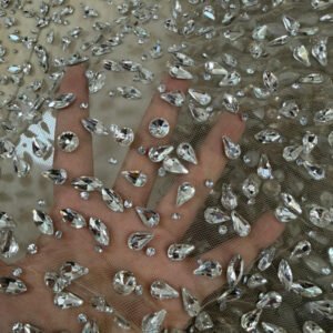 all over glass crystal rhinestone tulle fabric | heavy beaded full coverage mesh for couture gowns