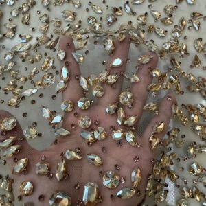 champagne gradient glass crystal rhinestone tulle fabric | heavy beaded ombre mesh for couture bridal & evening gown