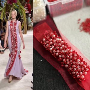 heavy 3d crimson coral bugle & white pearl beaded trim
